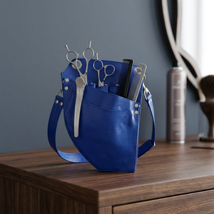 Étui à outils de barbier en cuir bleu avec pochette pour ciseaux, peignes et tondeuse, pour ensemble d'outils de coiffure - Product Image 4
