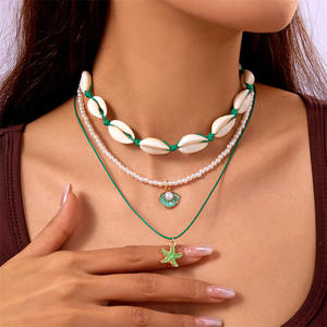 <span class=keywords><strong>Collier</strong></span> de style bohème européen et américain de vacances Summer Beach Dopamine Starfish Shell Pearl Layered Necklace - Product Image 4