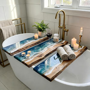 Plateau de bain en bambou pour salle de bain avec support de téléphone plus profond, à un seul niveau, écologique, multifonctionnel, avec motif <span class=keywords><strong>vague</strong></span> marine - Product Image 1