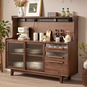 Aparador Retro de Madera Maciza Nórdica Color Nogal, Mueble de Almacenamiento para Café y Té, Mueble para Sala de Estar - Product Image 1