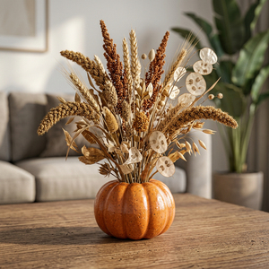 <b>Artificial</b> Prairie Cream Rustic <b>Bouquet</b> Pumpkin Vase Autumn Dried Wheat Floral Arrangement Home Decor Office - Product Image 1