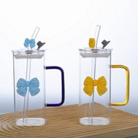 Tasse en verre borosilicate carrée avec nœud papillon et poignée, design moderne et simple, résistante à la chaleur, avec paille, pour usage domestique