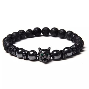 Bracciale da uomo alla moda con perline da 8 mm in occhio di <span class=keywords><strong>tigre</strong></span> blu-verde, design a testa di lupo, in pietra vulcanica naturale con cordino elastico - Product Image 3