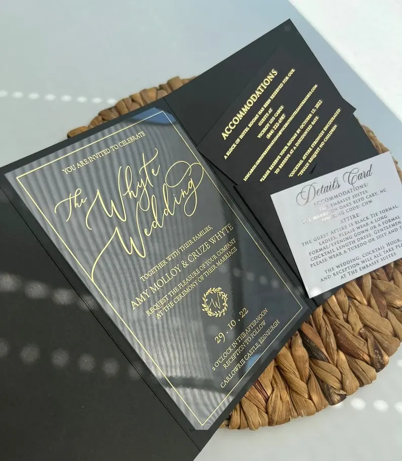 Tarjetas de invitación de boda personalizadas, transparentes y flexibles, bolsillo de aluminio negro, tarjeta de invitación acrílica, invitación ecológica