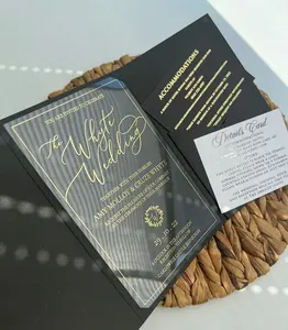 Пользовательские Гибкие прозрачные свадебные пригласительные открытки черная фольга карман акриловая пригласительная открытка экологически чистое приглашение