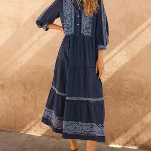 Vestido de Lino y Algodón Personalizable, Elegante, Cuello en V, Casual, Corte en A, Manga Larga, Midi, para Mujer, Ideal para Vacaciones de Verano - Product Image 1