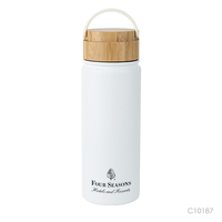 Botol Air Termal Baja Tahan Karat, Botol Air Panas Tutup Bambu Asli Putih Dinding Ganda 600ML/13OZ