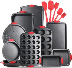 15PCS Silicone Handle None Stick Coating Pizza Load Cookie Muffin Baking Pan Tray Bakeware Set