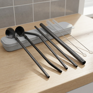 Reusable Metal <b>Drinking</b> <b>Straws</b> Set with Spoon and Cleaning Brush 4-Pack Minimalist Cocktail Bar Accessories - Product Image 4