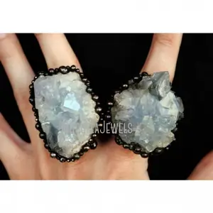 RM43259 Massive Celestite Cluster Crystal Ring Blue Celestite Crystal Adjustable Free Form Ring Witch Wicca Ring