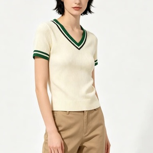 เสื้อสเวตเตอร์ไหมพรมแขนสั้นทรงเข้ารูป คอวี แต่งขอบ ดีไซน์เรียบง่าย สไตล์ลำลอง สำหรับผู้หญิง เหมาะสำหรับฤดูร้อน - Product Image 4