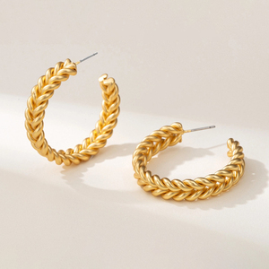 2025 New Release 18K <b>Gold</b> <b>Plated</b> Brass Metal Minimalist Geometric Textured Braid C <b>Hoop</b> Stud <b>Earrings</b> Classic Style - Product Image 2