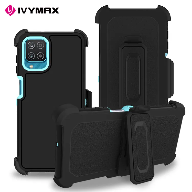 Black fit for Samsung Galaxy A12 5G 3 in 1 shockproof Belt Clip Holster Cell Phone case Carrying Pouch Holder