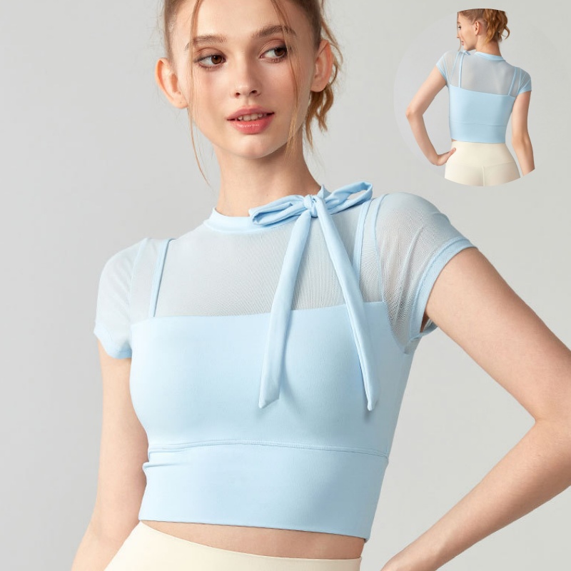 Aoyema Women Sportswear With Built-In Padding Breathable Semi-high Collar Design T-Shirt With Neckline Strap Yoga Short Sleeve