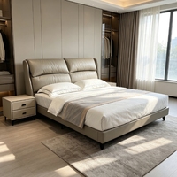 Meubles de chambre à coucher modernes en gros : Lit avec cadre en bois et dossier en cuir véritable écologique, durable pour chambre et appartement