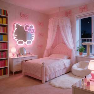 Неоновая вывеска-зеркало Hello Kitty — милый аниме-зеркало с подсветкой LED для декора девичьей спальни, очаровательное неоновое зеркало из ПВХ - Product Image 5