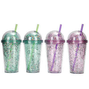 Shang Kou Ai Glitter Plastic <b>Cup</b> <b>With</b> Dome <b>Lid</b> And Straw <b>Reusable</b> Party Drinkware For General Use - Product Image 1