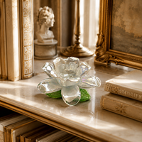 Porte-bougie en verre transparent Lotus, porte-bougie artisanal en forme de fleur avec feuilles vertes pour la décoration de table à la maison