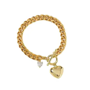 Stylish Cuban Chain Gold Plated Bracelet Heart Zirconium Charm Sleek Ladies Geometric Heart Pendant Heart Bracelet