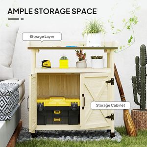 For Outdoor <b>Wooden</b> Potting Table Garden Workstation <b>Storage</b> Cabinet Aluminum Top Rubber Wheels Backyard Patio Balcony - Product Image 5