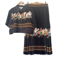 Ensemble deux pièces pour femme : chemise courte en coton à manches trois-quarts à imprimé géométrique vintage et jupe plissée taille haute au-dessus du genou avec poches