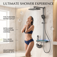 Système de douche mural intelligent et moderne en aluminium brossé avec cascade numérique, barre coulissante carrée en céramique et robinets souples pour salle de bain d'hôtel