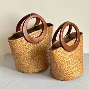 Fashion Women Ladies Traveling Handbag Beach Straw <b>Basket</b> Bag with Round Wood Handle - Product Image 3
