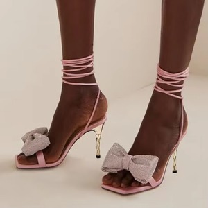 Light Pink Satin Square Toe 4'' Stiletto Heel Glitter Lace up <b>Sandals</b> - Product Image 2