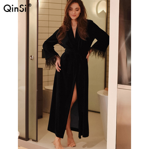 Long Black Robe with Feathers - Luxury Women's Sleepwear - Elegant & Sexy Design Long Black Robe with Feathers - Luxury Women's Sleepwear - Elegant & Sexy Design