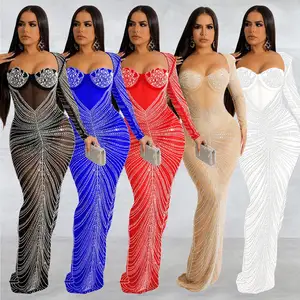 Nova Moda Broca Quente Clube Vestido 2023 Sexy Backless Mulheres Bodycon Manga Longa Ver Através de Malha Vestido de Noiva Autoteste K010