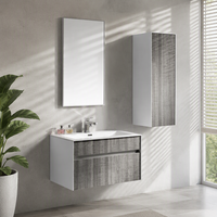 Meuble-lavabo flottant minimaliste blanc et gris avec tiroirs sans poignées, miroir sans cadre et armoire de rangement, certifié CE