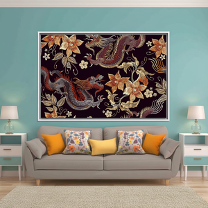 Printed <b>Canvas</b>: Dragon & Flowers - Asian Pattern Wall Decor,WHITE <b>FRAMED</b> <b>CANVAS</b> - Product Image 3