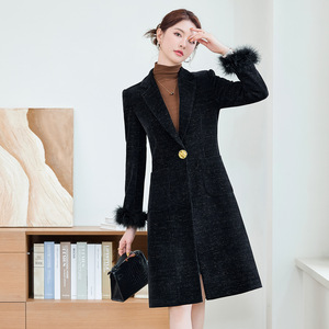 Women's Wool Trench Coat Black Long Slim Fit Warm Thickened Corduroy Coat With Pocket - Product Image 2