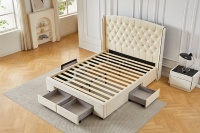 Neues Diamant-Tufted Wingback Samtbett, Cremefarbenes Polsterbett mit Ausziehbaren Rollenden Aufbewahrungsschubladen