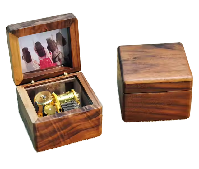 High Quality Wholesale Black Walnut Wooden Mechanical Clockwork Toy Music Box Creative Carved Square 60s Luxury Birthday Gift
