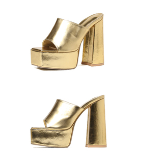 Large Size Gold square Toe Thick Bottom Super High Heel Sandals New Laser Fantasy Silver Thick Heel <b>slippers</b> - Product Image 5
