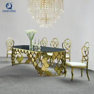 mirror gold marble glass top wedding table oval wedding centerpieces stainless steel event elegant wedding table chairs set