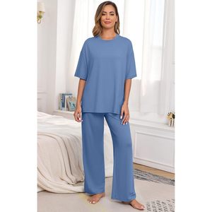 CustomWomens <b>Pajamas</b> <b>Set</b> 2 Piece Short Sleeve Top Long Pants Soft Loungewear With Pockets - Product Image 2