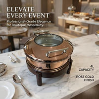 Plat à chafing rond de luxe en or rose avec pieds en bois, couvercle en verre, chauffe-plats en acier inoxydable pour banquets et événements