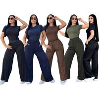 Ensemble de sport pour femmes, manches courtes, col rond, imprimé lettres, polyester et coton, pantalon large à jambes longues, tenue décontractée et confortable