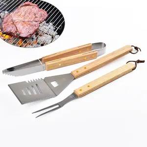 Conjunto de acessórios para churrasco, venda quente de 3 peças, conjunto de acessórios para churrasco ao ar livre, kit de ferramenta com alça de madeira