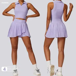 YISHENHON Summer Sports Gym Clothing Two Piece Yoga Wear Athletic Golf Tennis Short Skirt And Top 2 Piece Skorts Set For Women