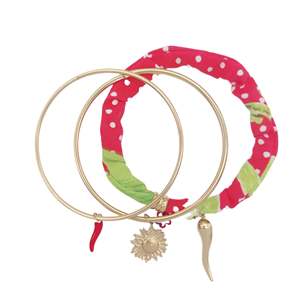 Pulseras de Moda Envolventes de Acero Inoxidable 316L con Baño de Oro PVD, Tela Sostenible Resistente con Puntos Rojos y Verdes y Diseño Chili Sun - Product Image 1