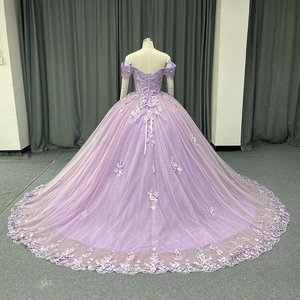 Lsany286 Lavender Quinceanera <b>Dress</b> 3D Floral Lace Applique <b>Ruffled</b> Sleeve Glitter Tulle Ball Gown Scalloped Hem Jancember - Product Image 3
