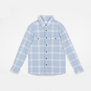 Vente en gros de chemises à <span class=keywords><strong>carreaux</strong></span> vierges en flanelle bleue <span class=keywords><strong>et</strong></span> blanche surdimensionnées décontractées pour hommes, teintes en fil à manches longues pour la saison d'automne - Product Image 1