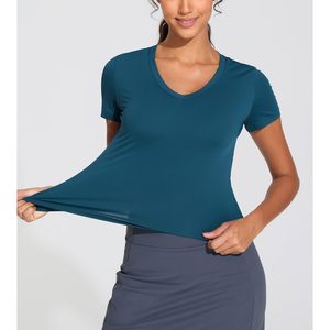 Camiseta Deportiva Corta con Cuello en V para Mujer, Ajustada, de Manga Corta, Transpirable, de Spandex y Poliéster, Ropa Deportiva Informal - Product Image 5