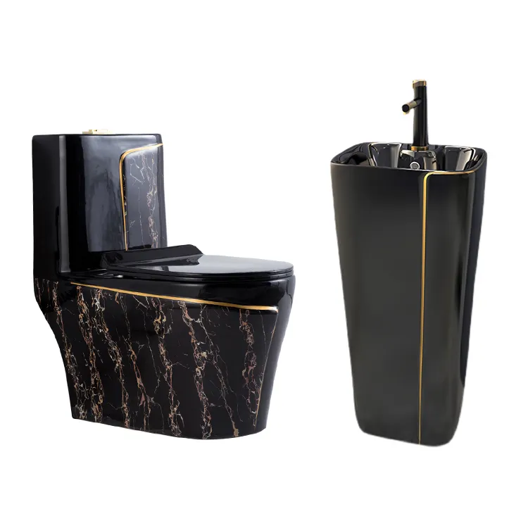 Luxus Wassers chrank Keramik Badezimmer WC WC Waschbecken Set Einteiler Schwarz gold Toiletten schüssel Combo