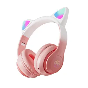 2022 new design cute cat ear LED flash light wireless bt 5.3 macaron foldable headphone for kids