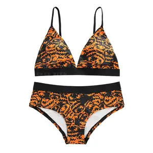 Sexy Halloween element printing European and American plus size triangle cup bra suit women's adjustable wireless bra