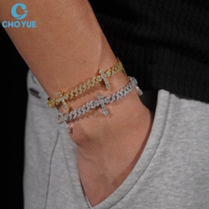 สร้อยคอเงินชุบทอง 18K แบบ Cuban Chain  วิบวับ ทนทานต่อการเปลี่ยนสี พร้อมจี้รูปกางเขนประดับเพชรโมอิสซาไนต์  สร้อยข้อมือแบบโซ่  เครื่องประดับฮิปฮอปสำหรับทุกเพศ - Product Image 5
